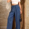 Printed Pants – Not Denim Fabric Casual Urban Women’s Wide-Leg Imitation Denim Pants with High Waist and Drawstring