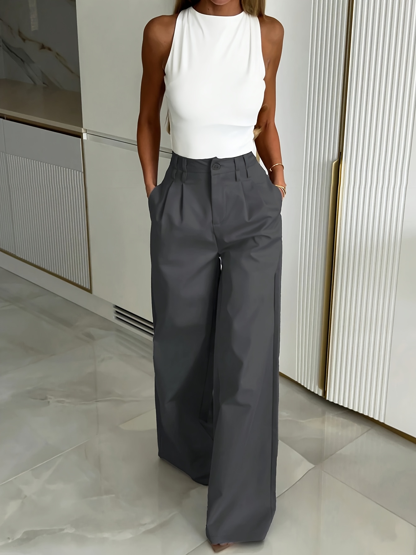 Fashionable Casual Wide-Leg Trousers with Pockets and Zipper Design | Solid Color, Suitable for Springu002FFall