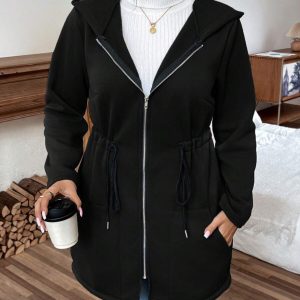 Plus Size, Fashionable Elegant Solid Color Pocket Loose Zipper Drawstring Waist Women's Plus Size Hooded Sweatshirt