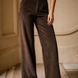 Women's Elegant Straight-Leg Full-Length Pants with Corduroy Texture - Solid Color (Corduroy suitable for casual & smart-casual Wear) - Beltless Design, Built- Zipper Closure, Pockets - Machine Washable Straight Leg Trousers for Springu002FAutumn