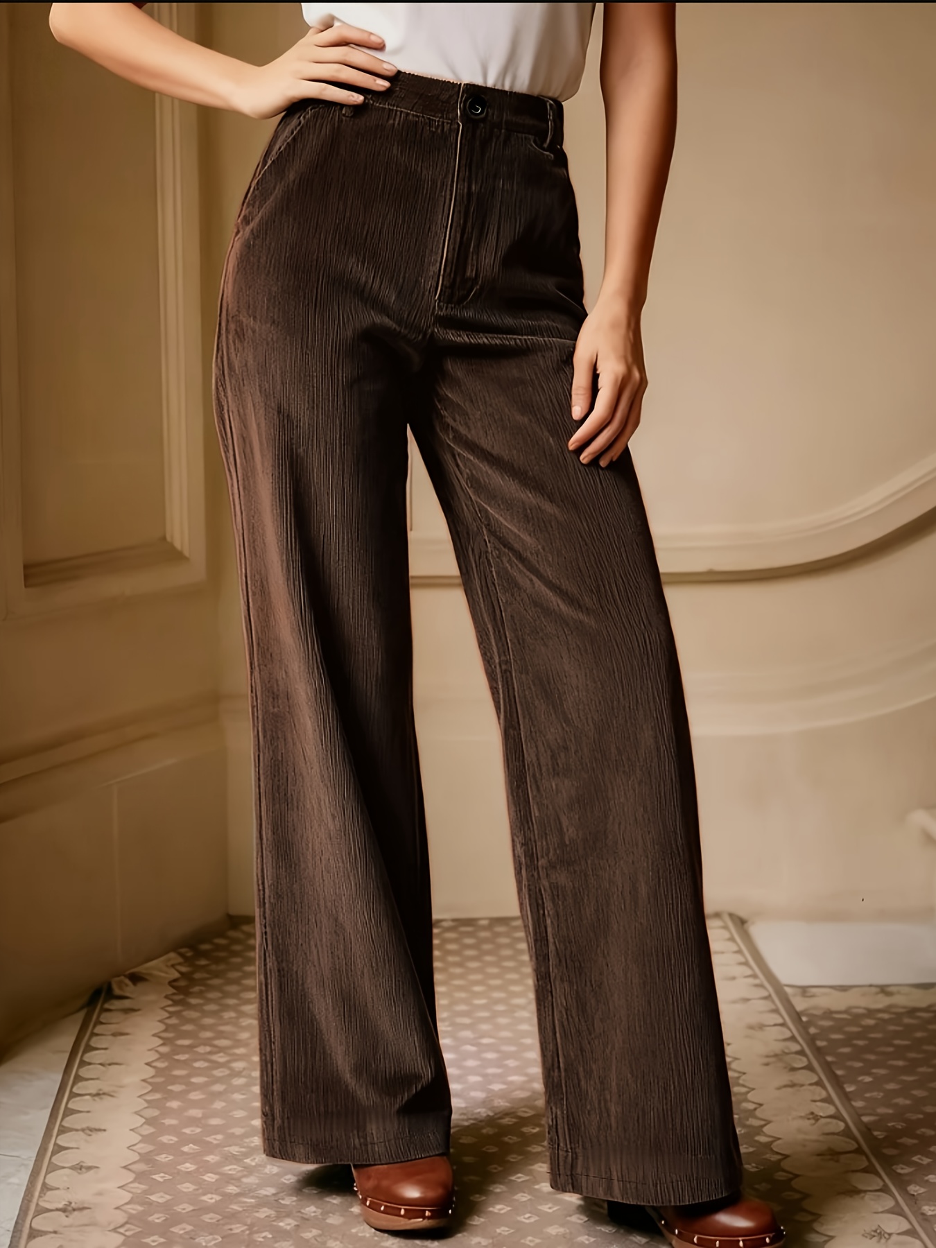 Women's Elegant Straight-Leg Full-Length Pants with Corduroy Texture - Solid Color (Corduroy suitable for casual & smart-casual Wear) - Beltless Design, Built- Zipper Closure, Pockets - Machine Washable Straight Leg Trousers for Springu002FAutumn