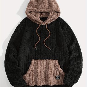Men's Sweatshirt, Contrast Plush Hooded Sweatshirt with Pockets, Men's Casual Sportswear Warm Sweatshirt