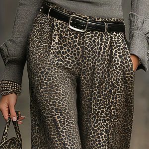 Women's Elegant Wide-Leg Pants with Full-Length Leopard Print - Beltless Design Maxi Length Trousers Suitable for All-Season Wear, Casual & Dressy Outfits