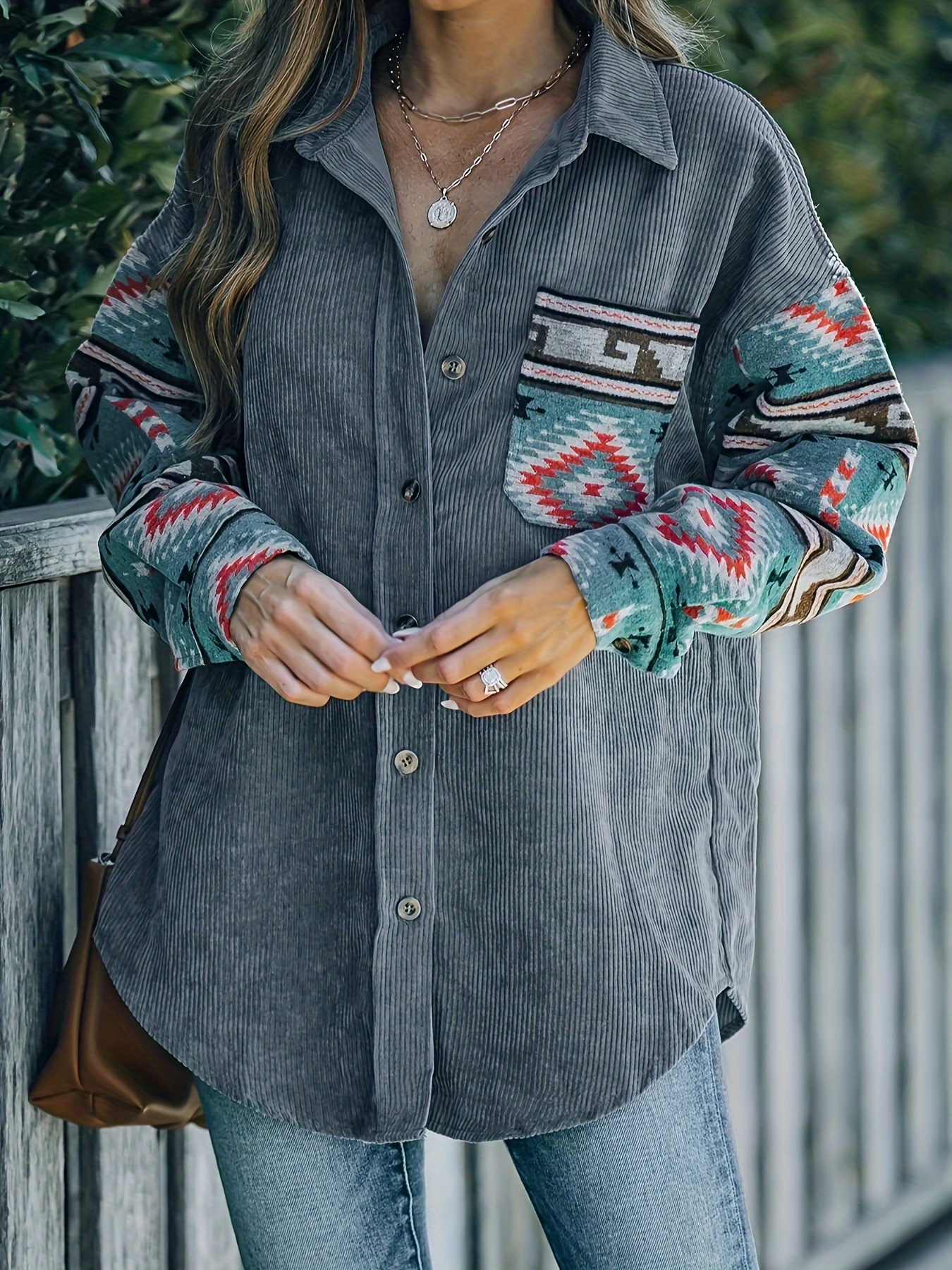 Plus Size, Aztec Pattern Sleeve Corduroy Plus Size Women's Coat