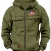 Men’s Long Sleeve Zip-Up Hooded Sweatshirt with Multiple Pockets, American Flag and Statue of Liberty Print, Fashionable Outdoor Sport Jacket for Autumn, Winter, and Spring