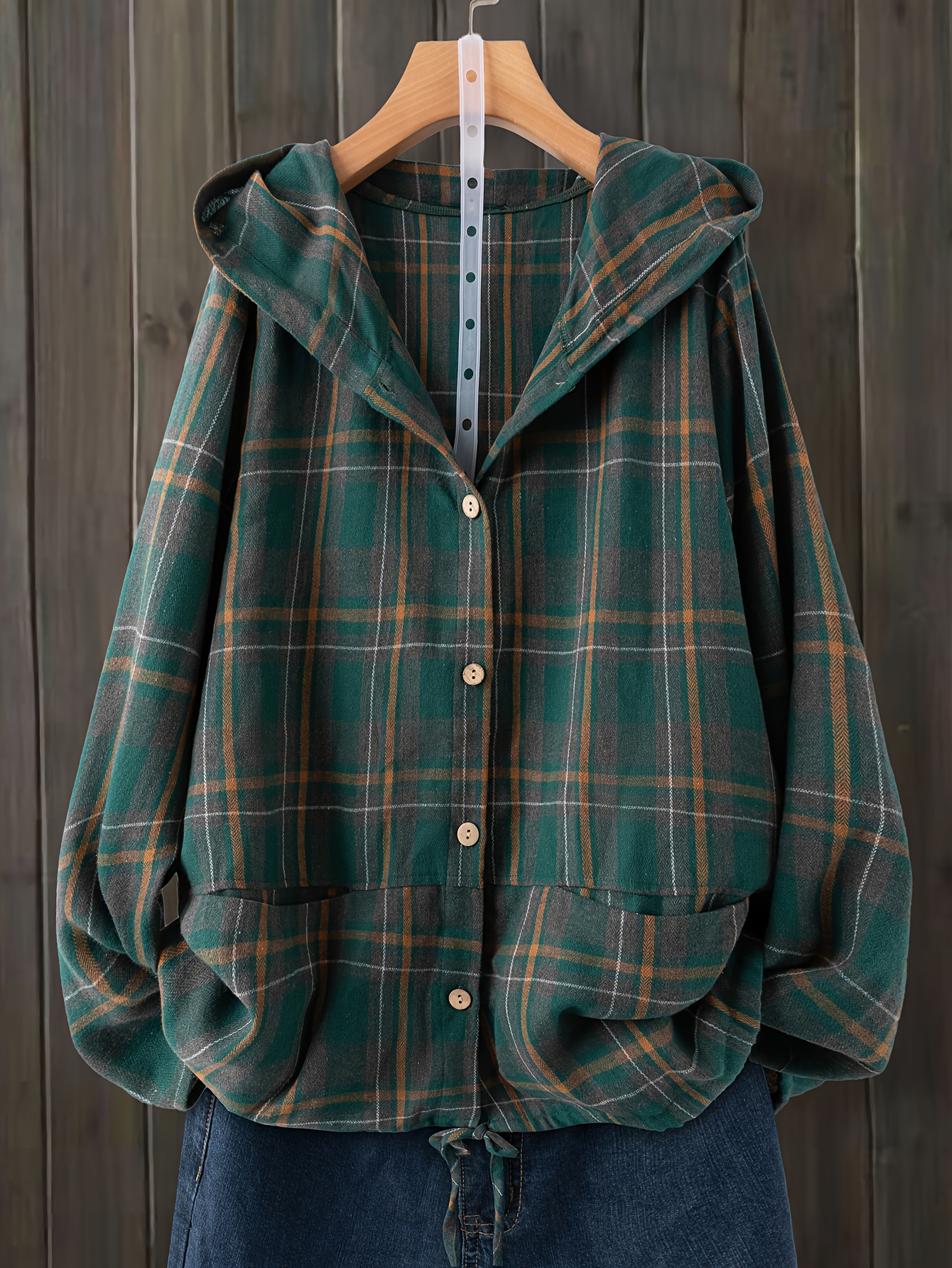 Plus Size - Plus-Size Women'S Stylish Plaid Striped Hooded Coat Featuring Pockets, a Tie, And Button Design.